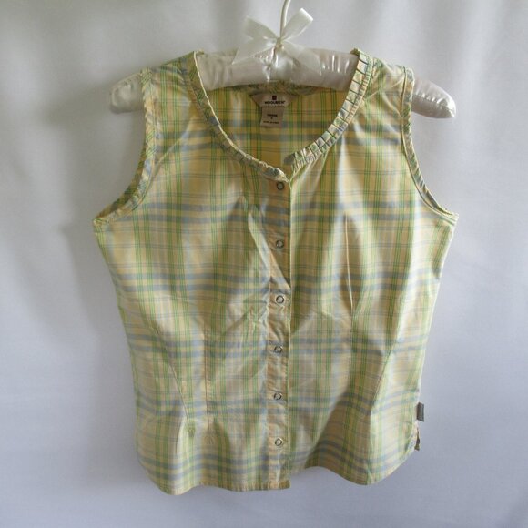Woolrich yellow blue plaid fitted scoop neck sleeveless snap front top  *Sz S* - Picture 1 of 5